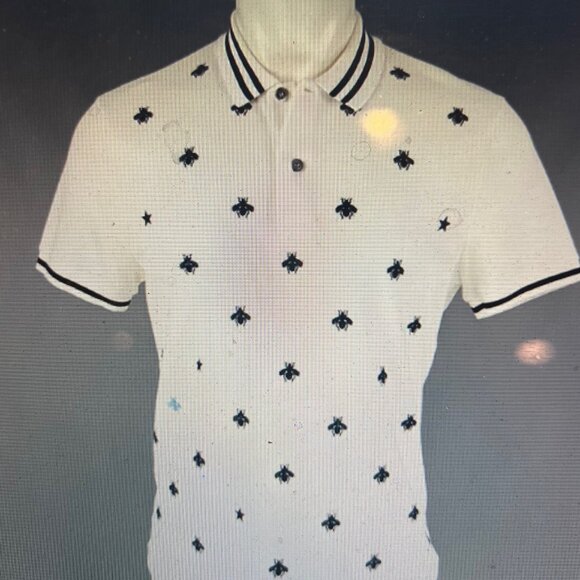 GUCCI White Navy Bees & Stars Embroidery Short Sleeve Polo - Picture 1 of 1